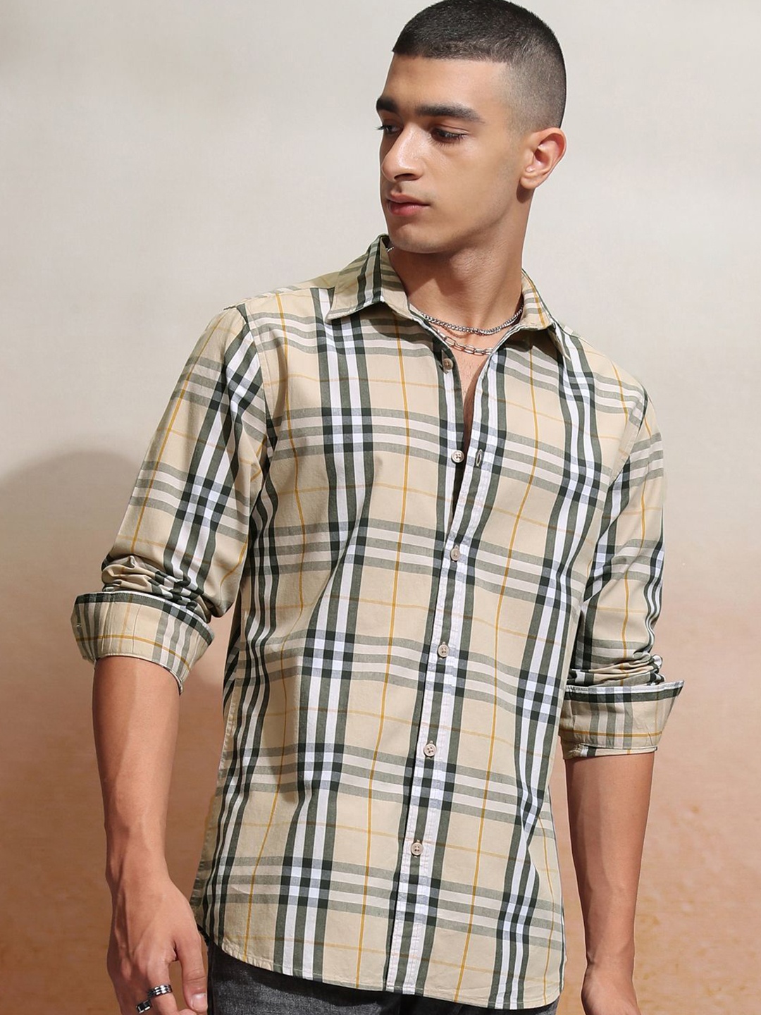 

HIGHLANDER Men Checked Casual Shirt, Cream