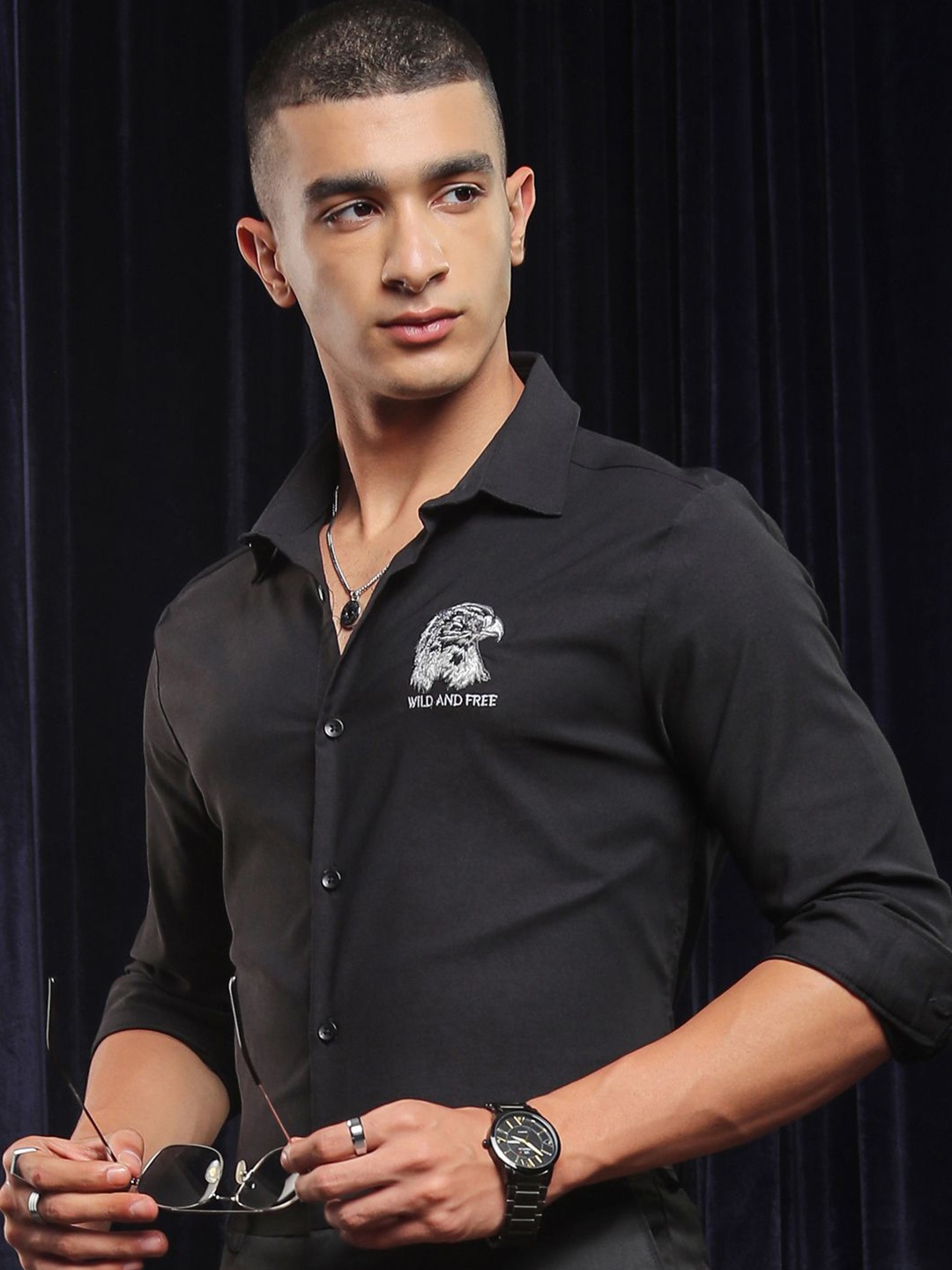 

HIGHLANDER Men Regular Collar Full Sleeves Logo Embroidered Shirt, Black