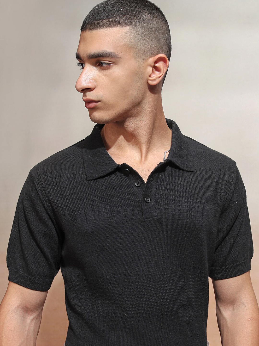 

Highlander Men Knitted Textured Polo Collar T-shirt, Black