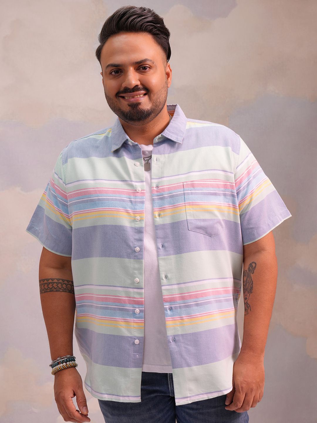 

HIGHLANDER Men Striped Plus Size Regular Fit Shirt, White