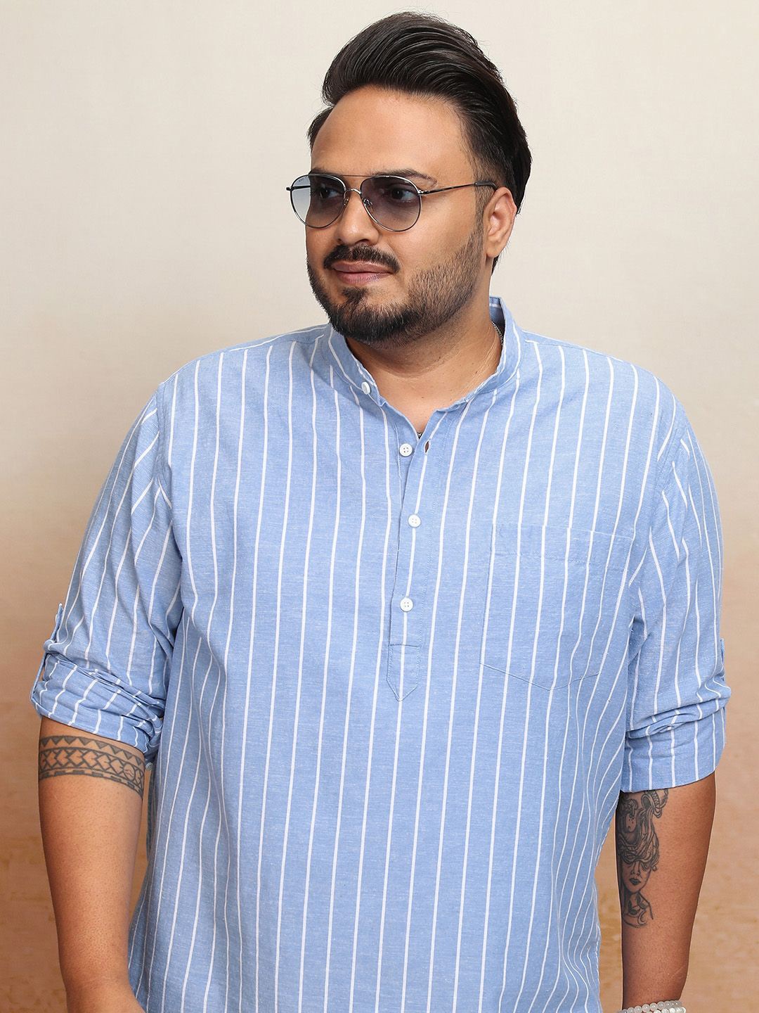 

HIGHLANDER Men Plus Size Vertical Stripes Band Collar Casual Shirt, Blue