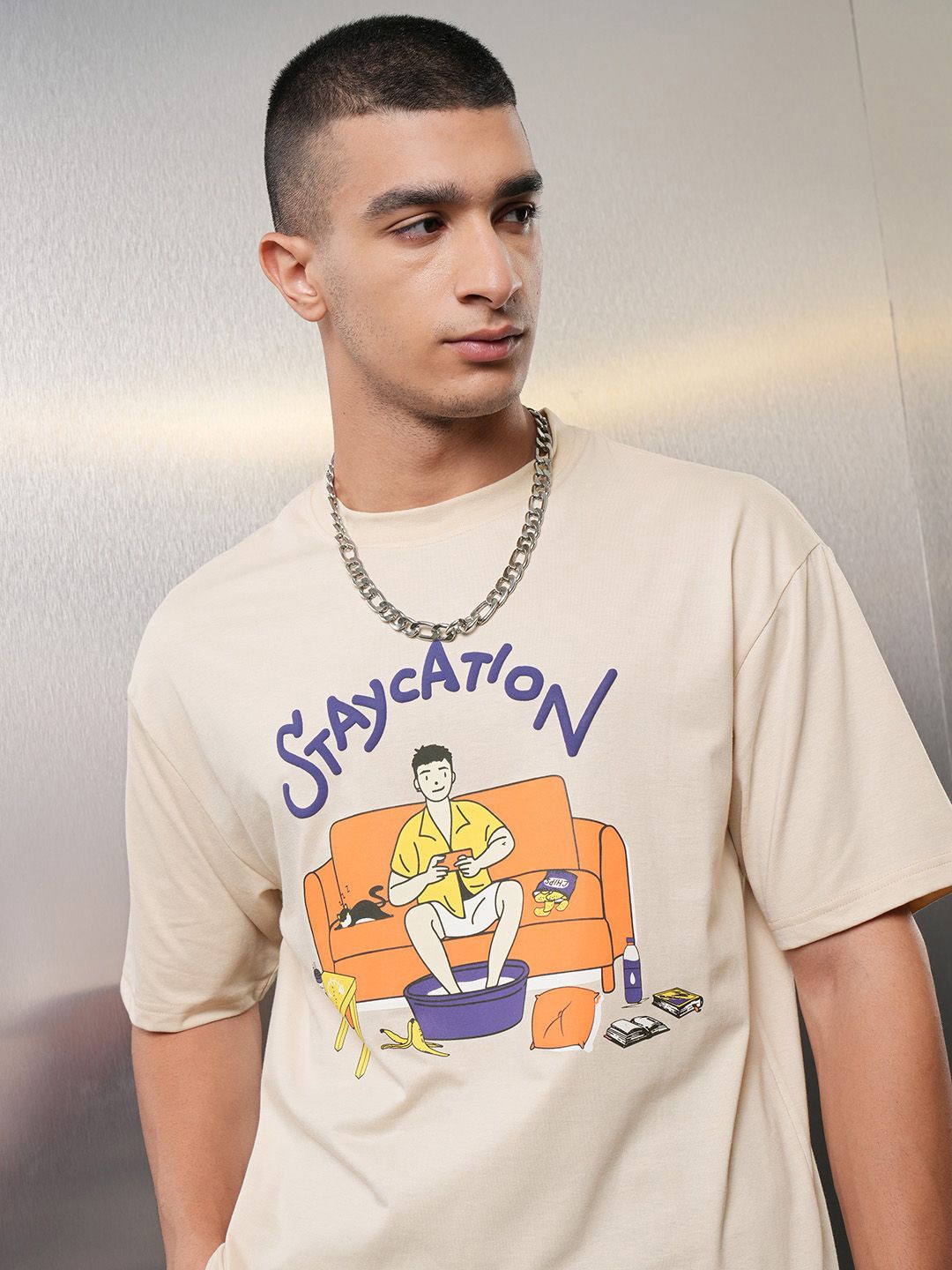

HIGHLANDER Men Graphic Printed Round Neck Drop-Shoulder Relaxed Fit T-shirt, Cream