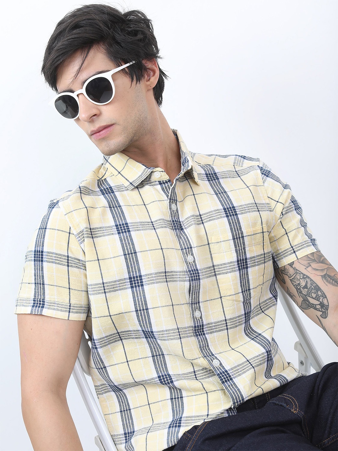 

HIGHLANDER Men Checked Slim Fit Shirt, Yellow