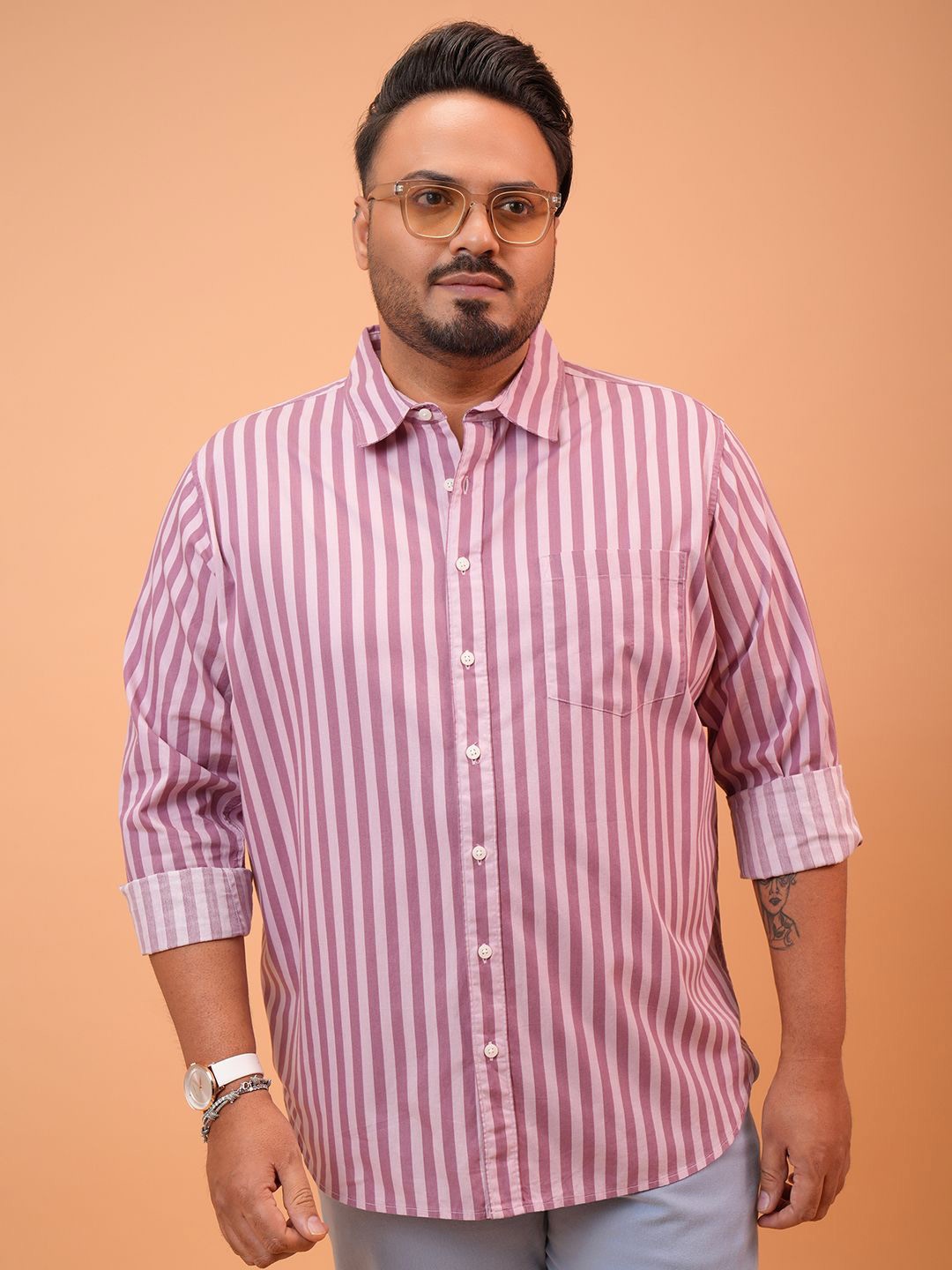 

HIGHLANDER Men Striped Plus Size Regular Fit Shirt, Pink