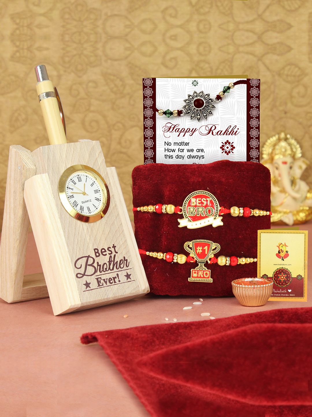 

Tied Ribbons Set of 2 Beaded Rakhi, Pen Stand, Card & Roli Chawal Set, Gold