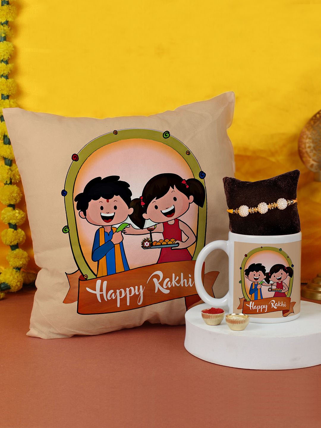 

Tied Ribbons Designer Rakhi, Cushion, Mug Greeting Card & Roli Chawal Gift Set, White