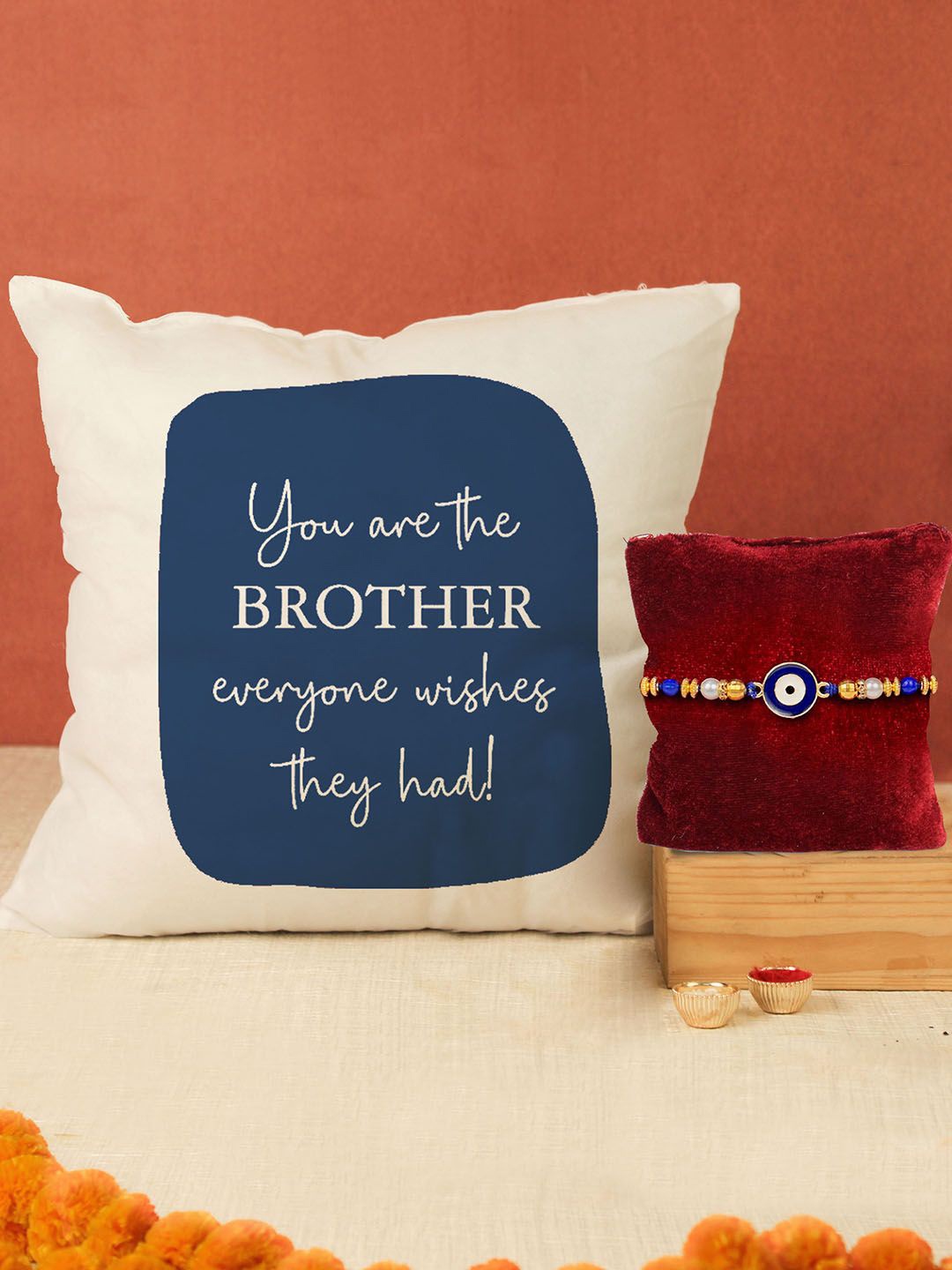 

Tied Ribbons Evil Eye Beaded Rakhi, Cushion Card & Roli Chawal Set, Blue