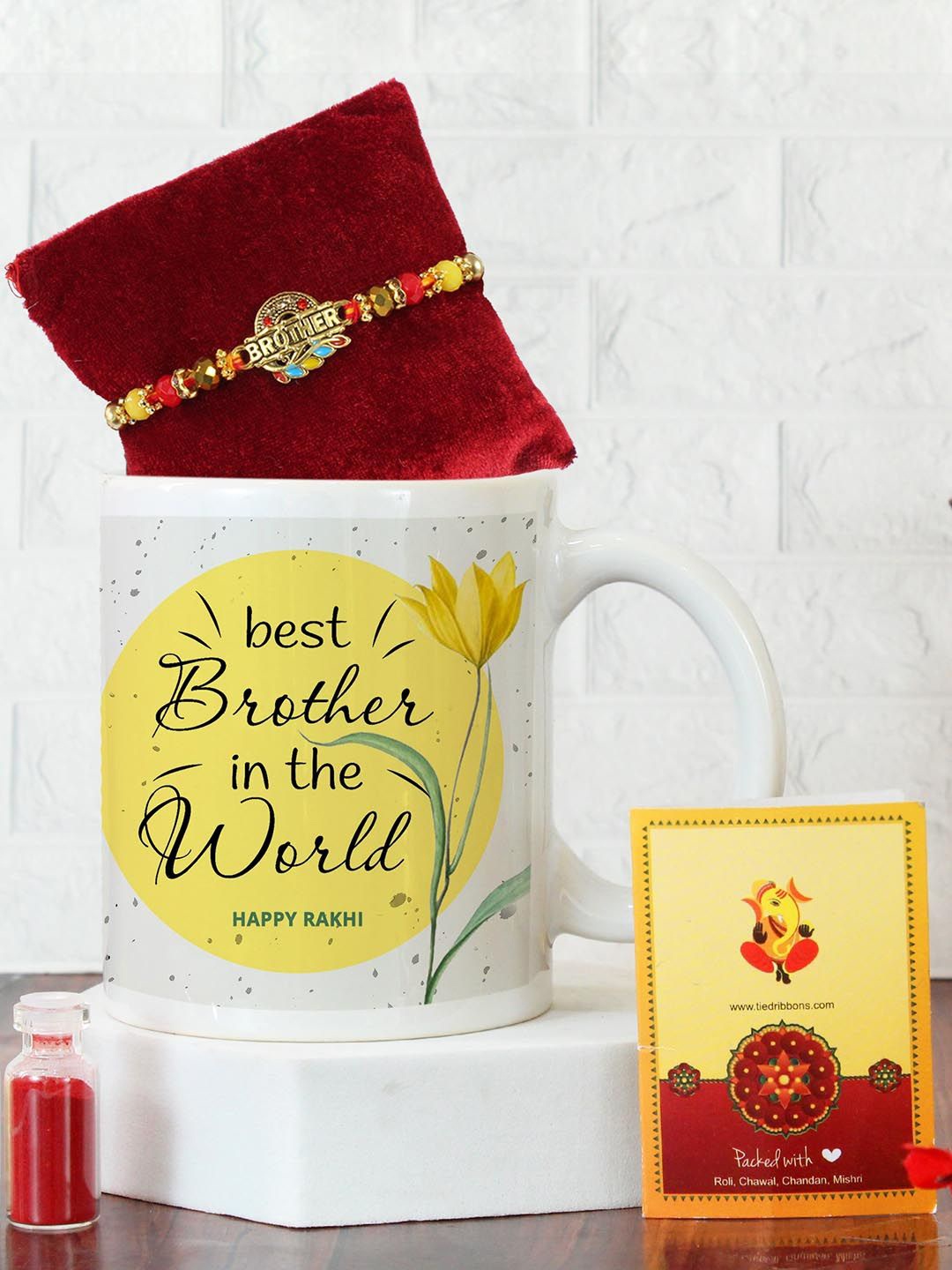 

Tied Ribbons Designer Brother Rakhi & Coffee Mug Set, Red