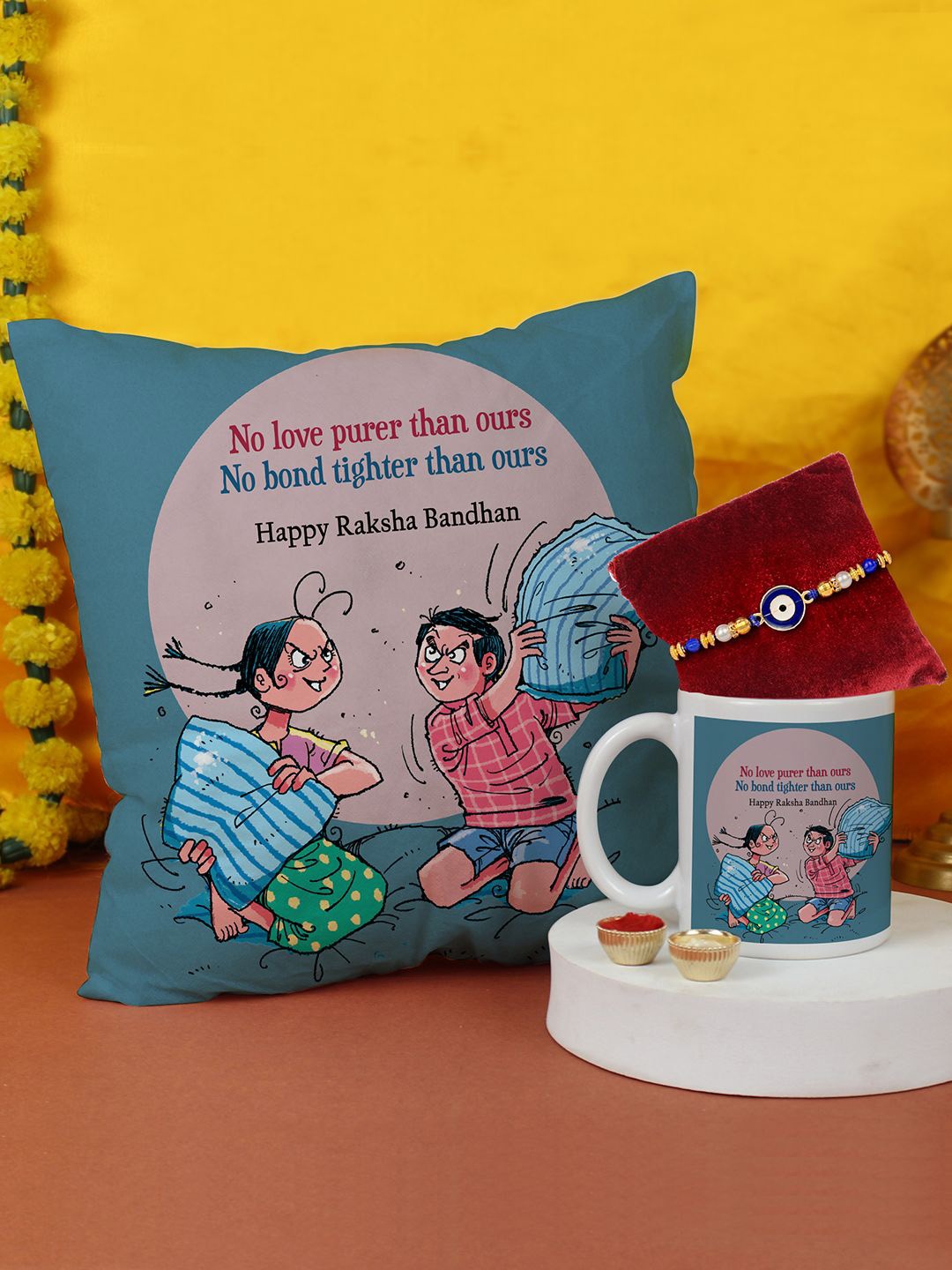

TIED RIBBONS Rakhi With Cushion Mug Card & Roli Chawal Gift Set, Gold