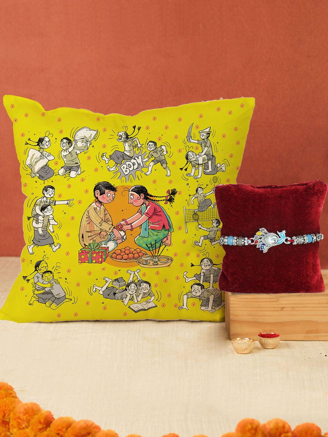 

Tied Ribbons Peacock Design Beaded Rakhi, Cushion, Card & Roli Chawal Set, Blue