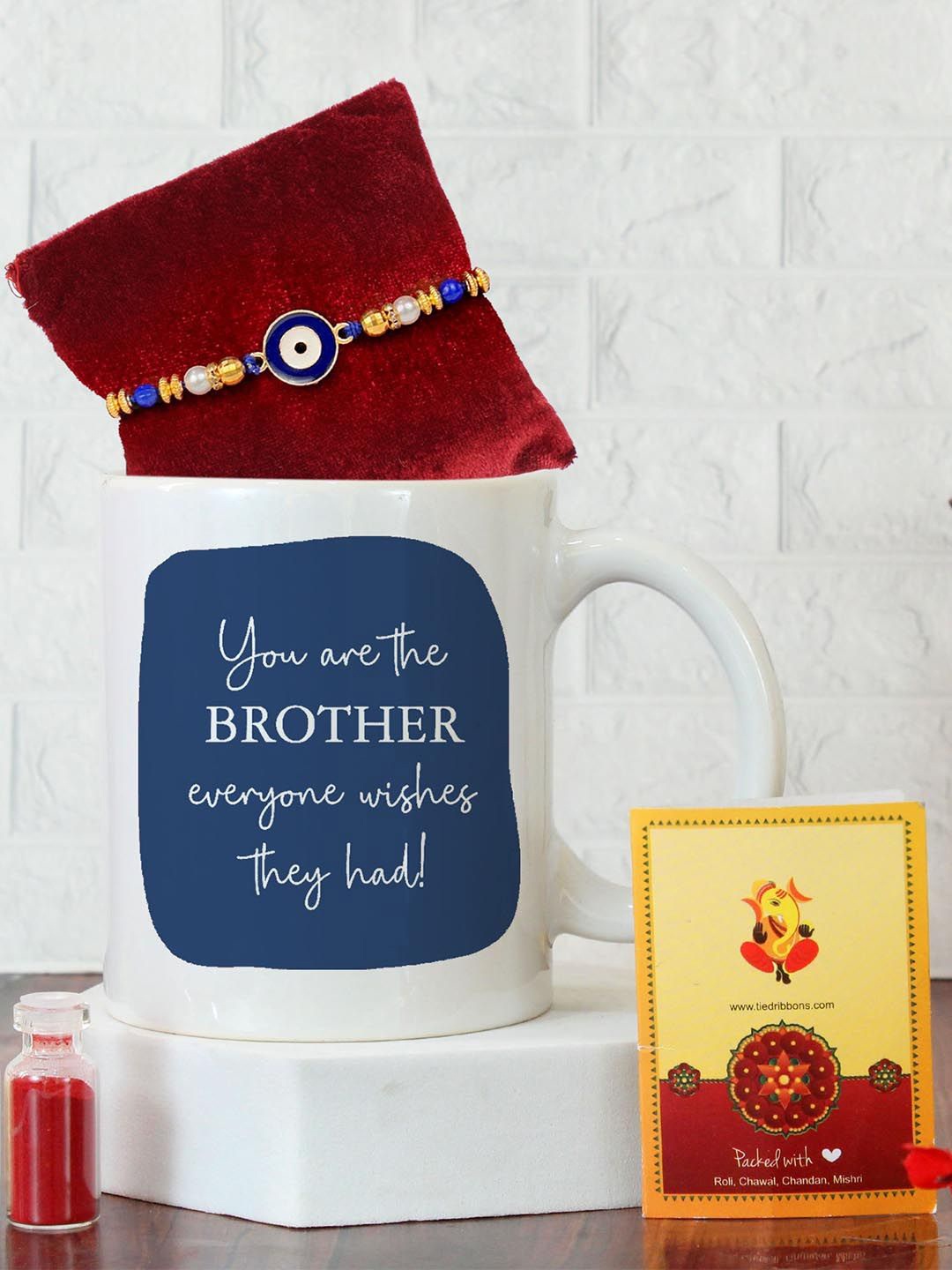 

Tied Ribbons Designer Evil Eye Rakhi & Coffee Mug Set, Gold