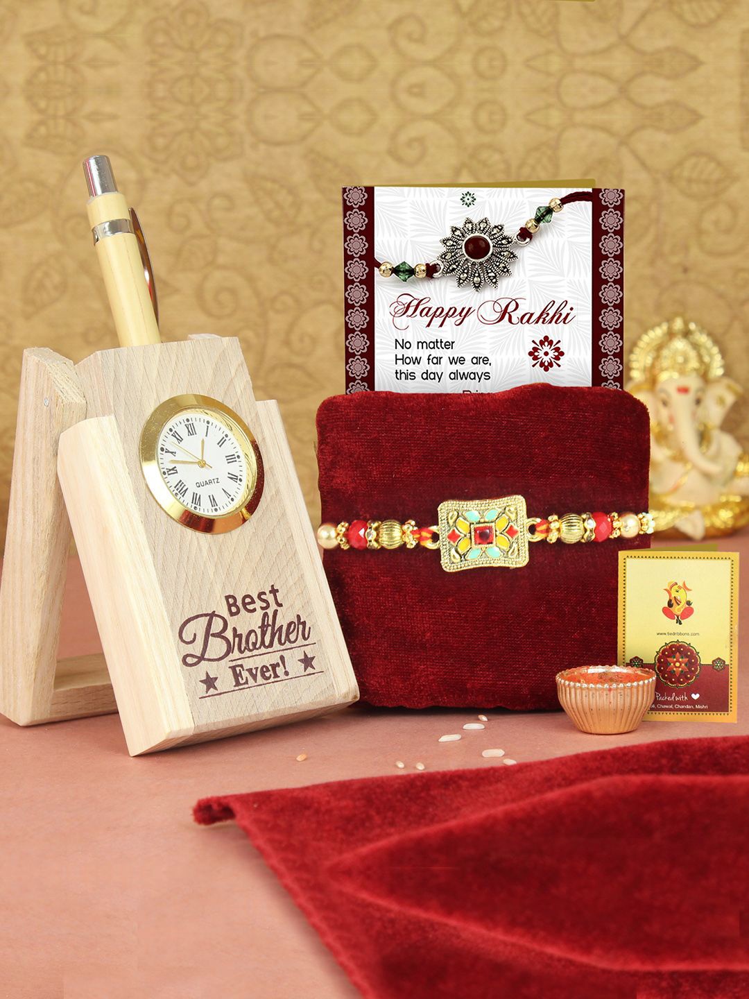 

TIED RIBBONS Rakhi With Wooden Pen Stand Gift Set, Beige