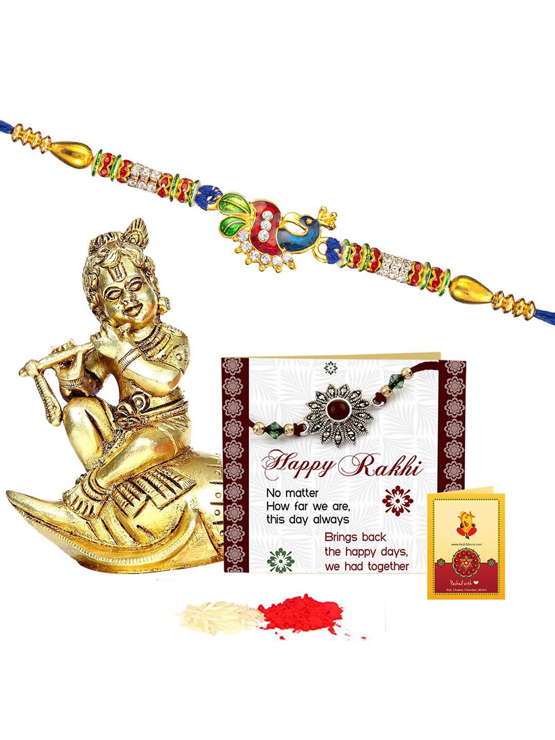 

Tied Ribbons Beaded Rakhi, Lord Krishna Card & Roli Chawal Gift Set, Blue