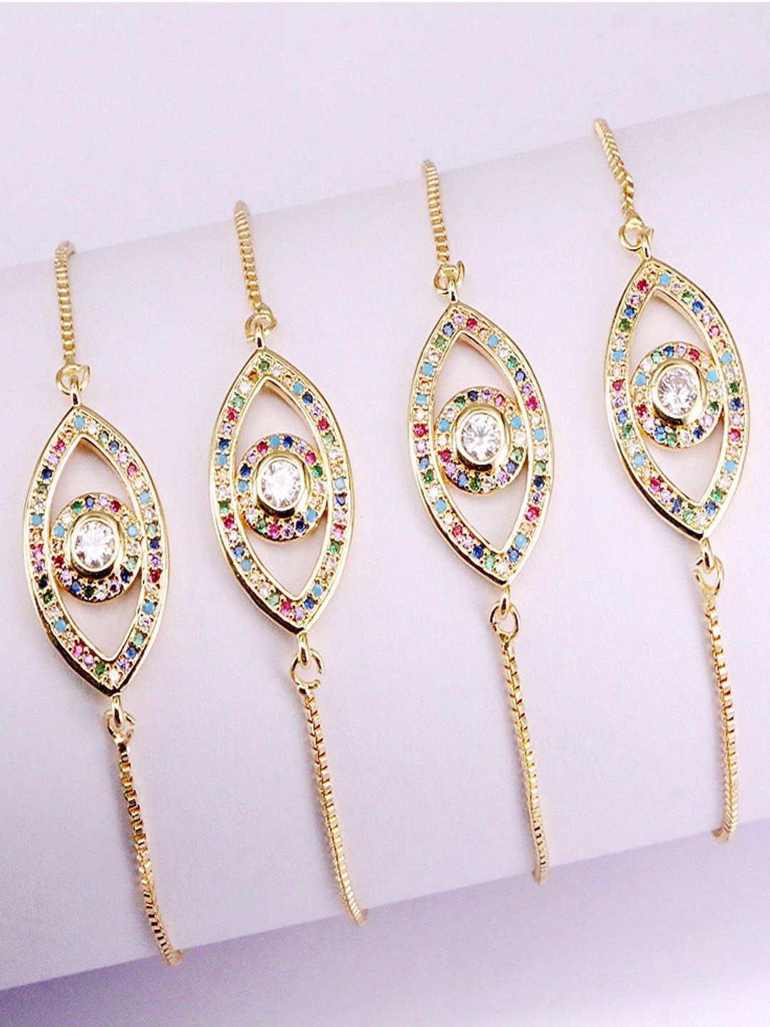 

Young & Forever Unisex Set Of 4 Gold Plated Cubic Zirconia Evil Eye Charm Bracelets