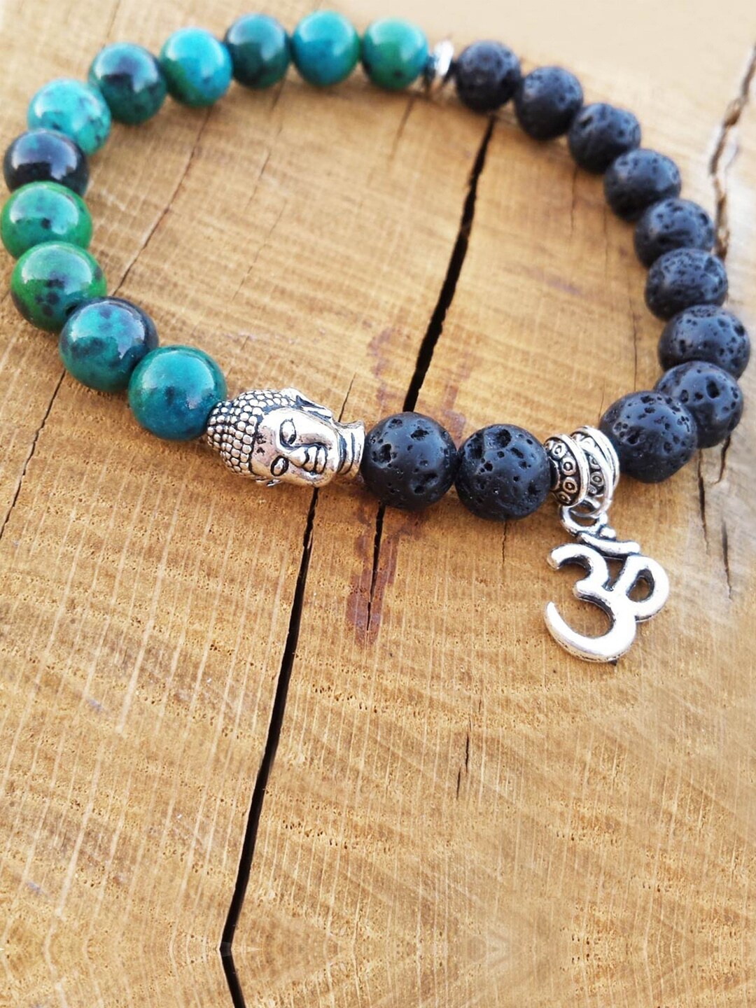 

Young & Forever Unisex Om Buddha Spiritual Lava Beaded Crystals Elasticated Bracelet, Black