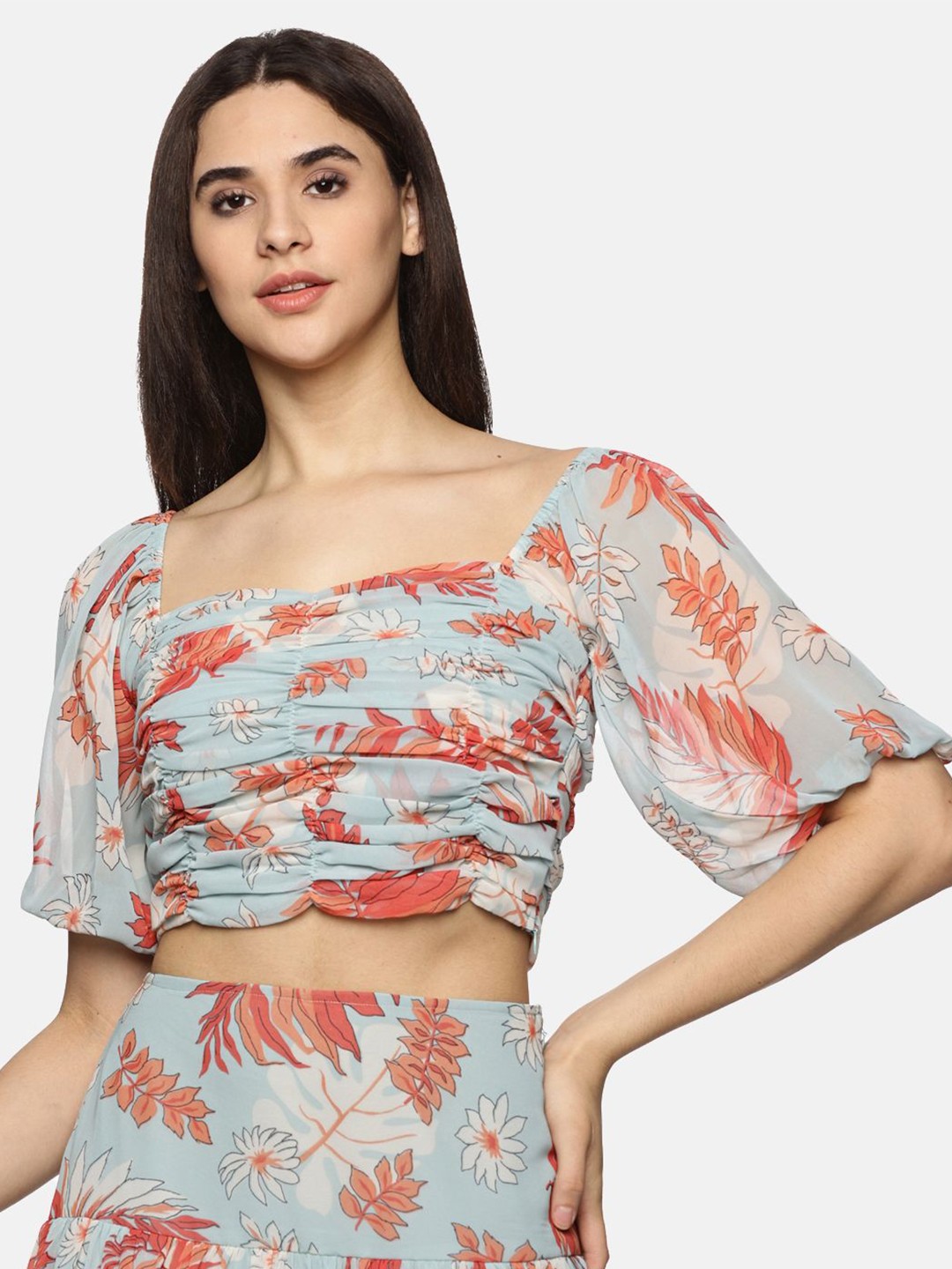 

ISU Tropical Printed Square Neck Crop Top, Blue