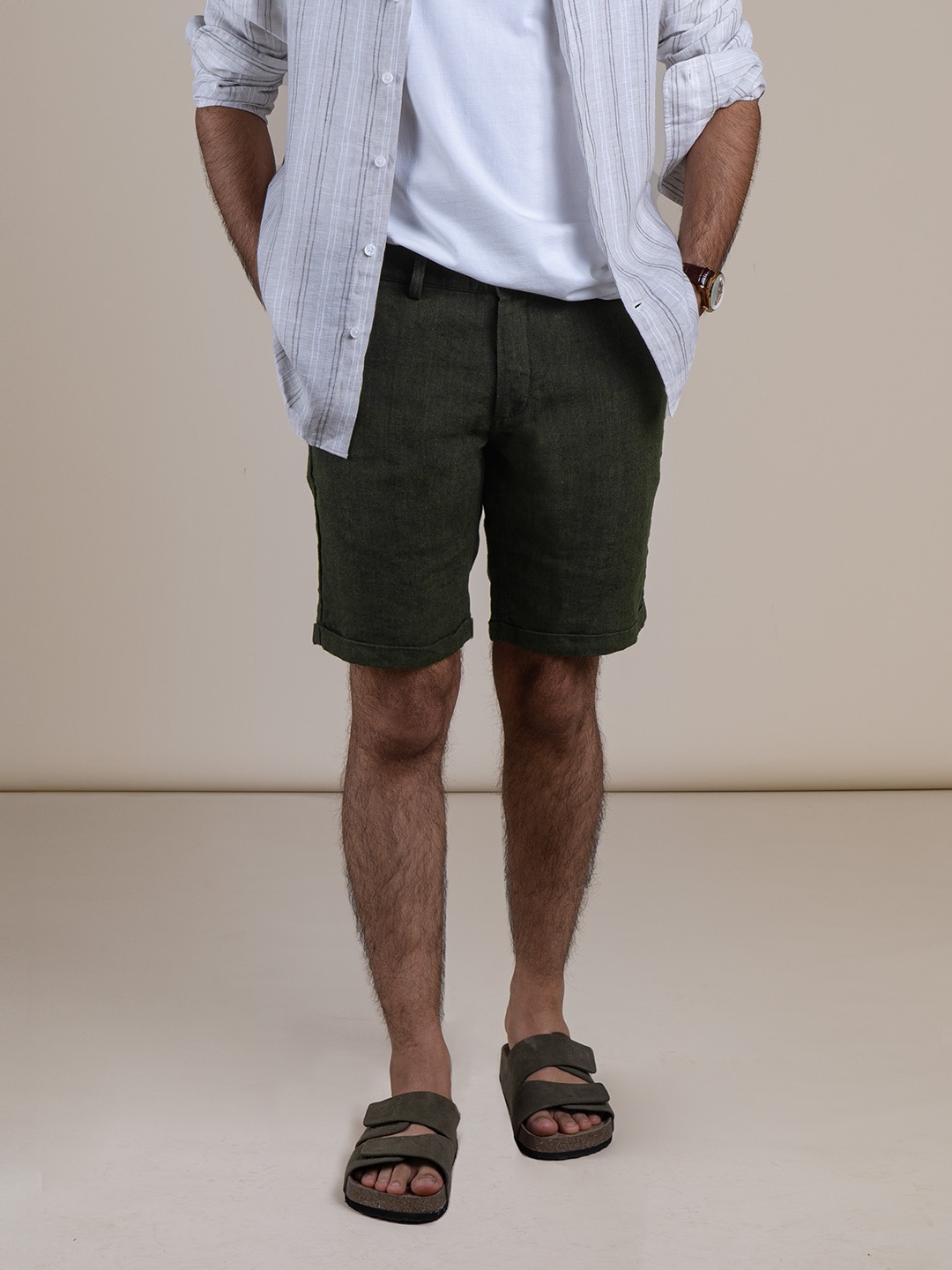 

Monks of Method Men Mid-Rise Linen Shorts, Olive