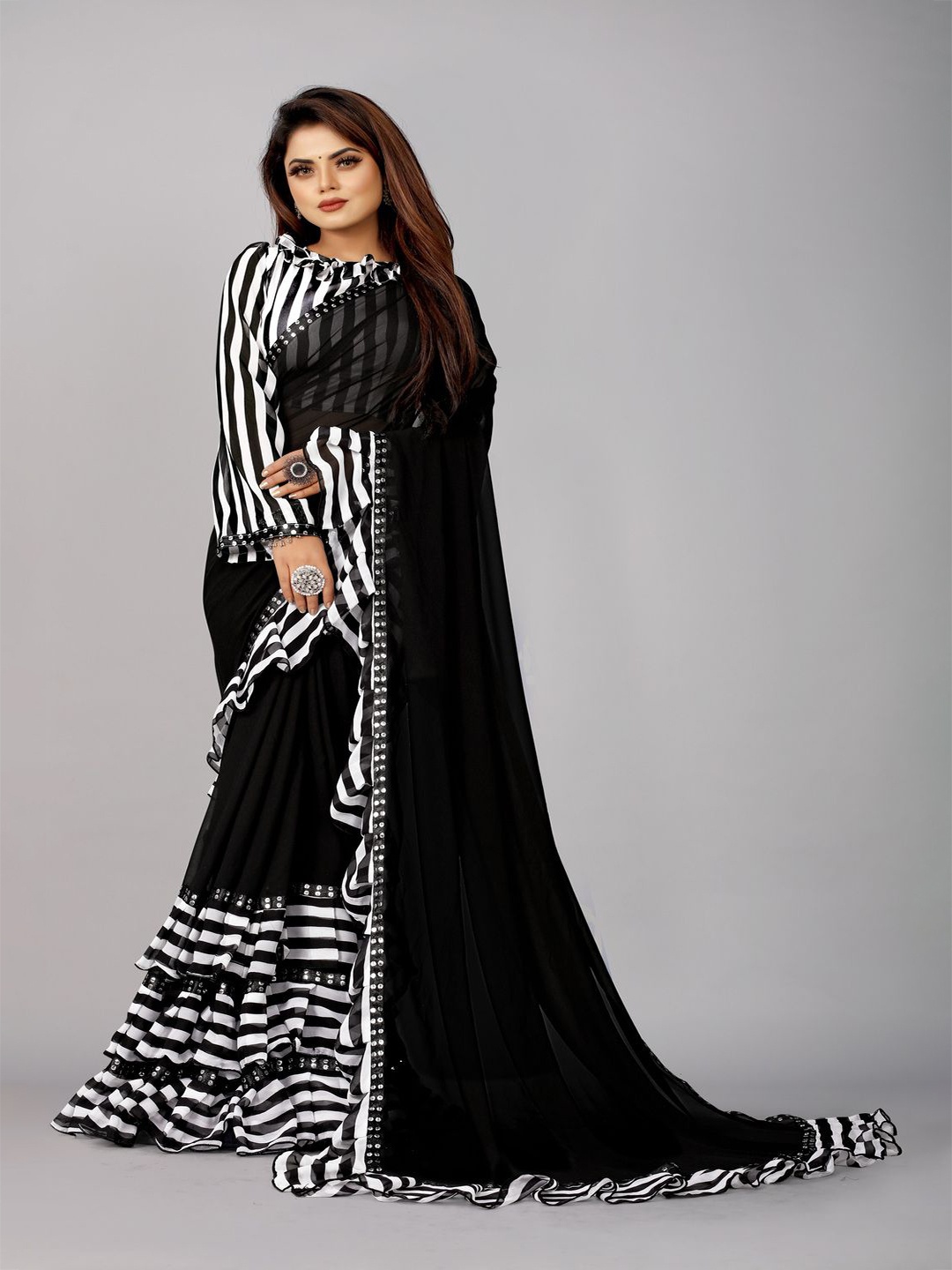 

Rashiklal and Co. Leheriya Mirror Work Pure Georgette Leheriya Saree, Black
