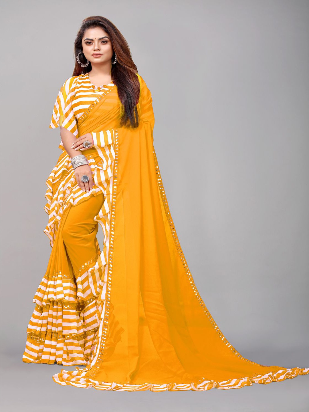 

Rashiklal and Co. Leheriya Mirror Work Pure Georgette Leheriya Saree, Yellow