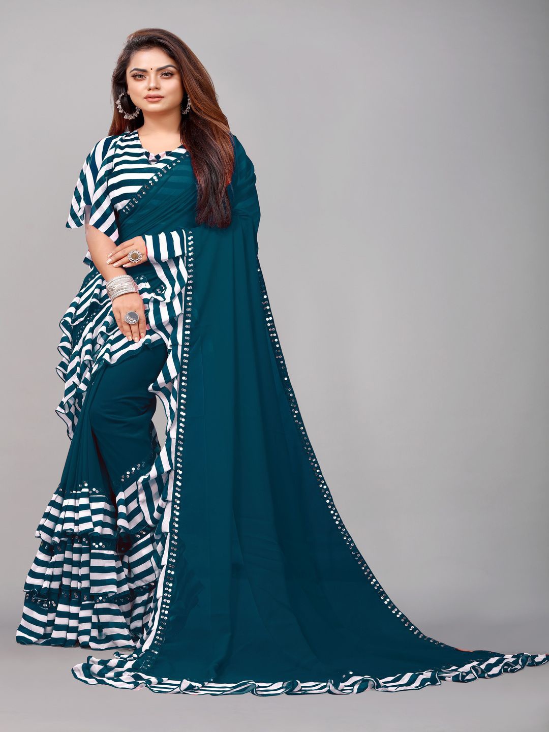 

Rashiklal and Co. Mirror Work Pure Georgette Leheriya Saree, Teal