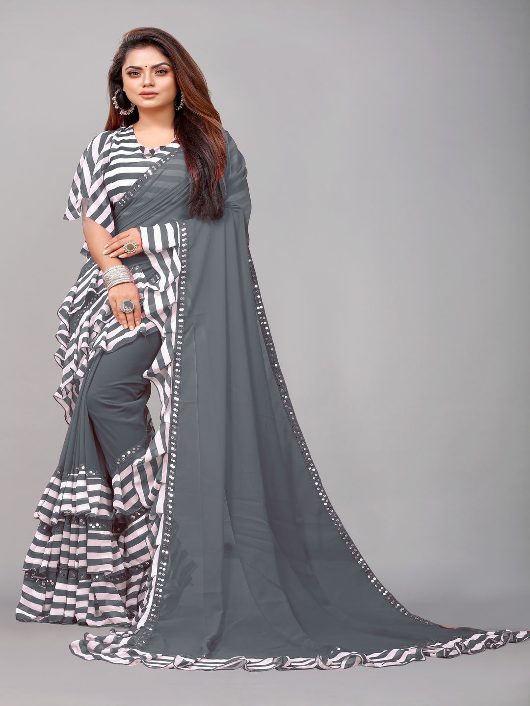 

Rashiklal and Co. Leheriya Mirror Work Pure Georgette Leheriya Saree, Grey