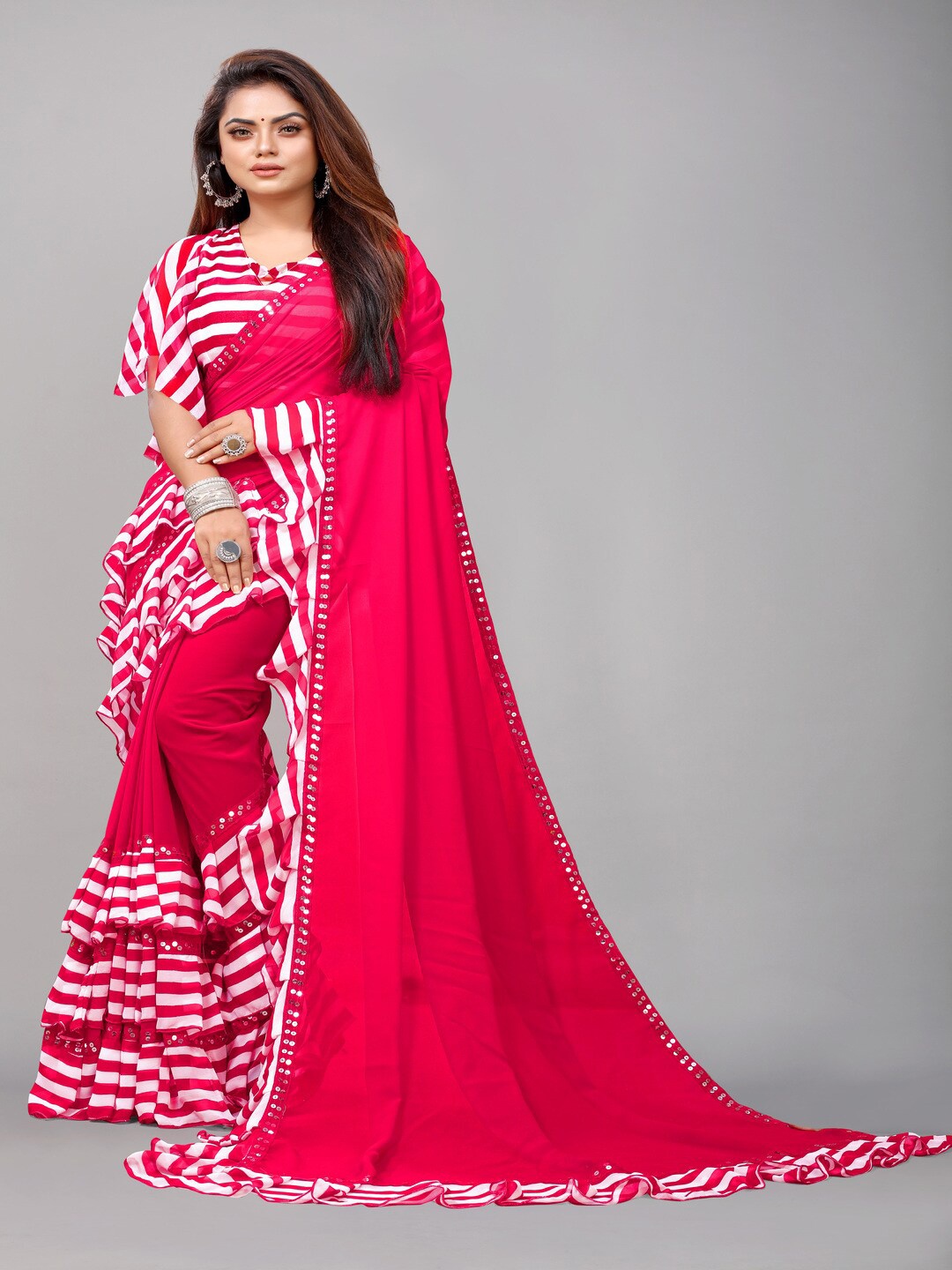 

Rashiklal and Co. Mirror Work Pure Georgette Leheriya Saree, Pink