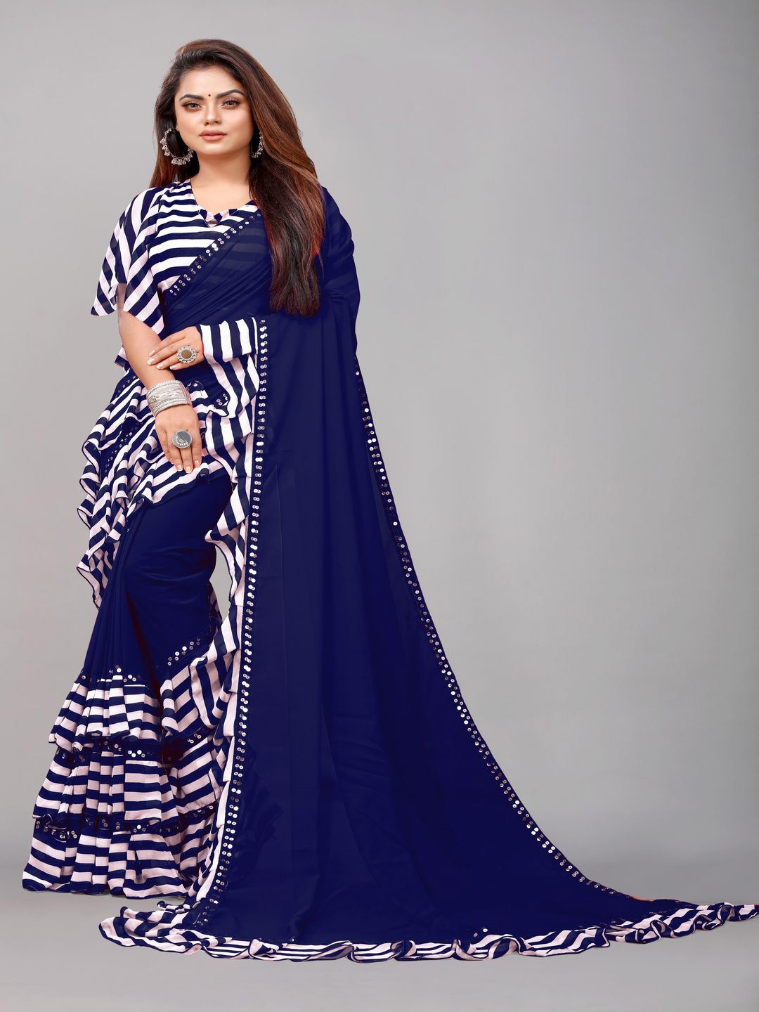 

Rashiklal and Co. Mirror Work Pure Georgette Leheriya Saree, Navy blue