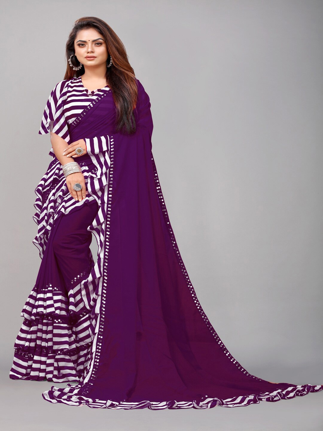 

Rashiklal and Co. Striped Pure Georgette Leheriya Saree, Purple