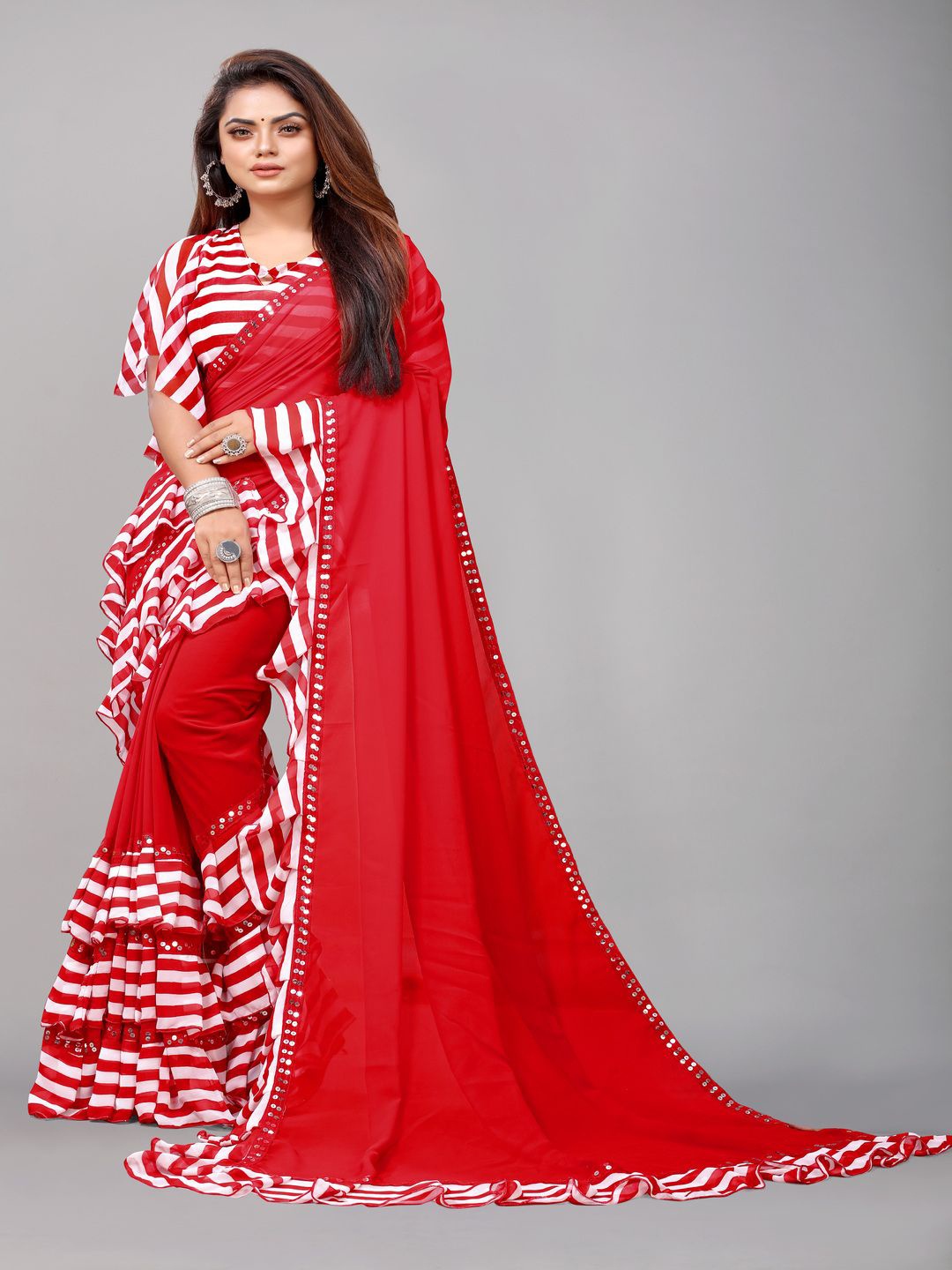 

Rashiklal and Co. Striped Pure Georgette Saree, Red