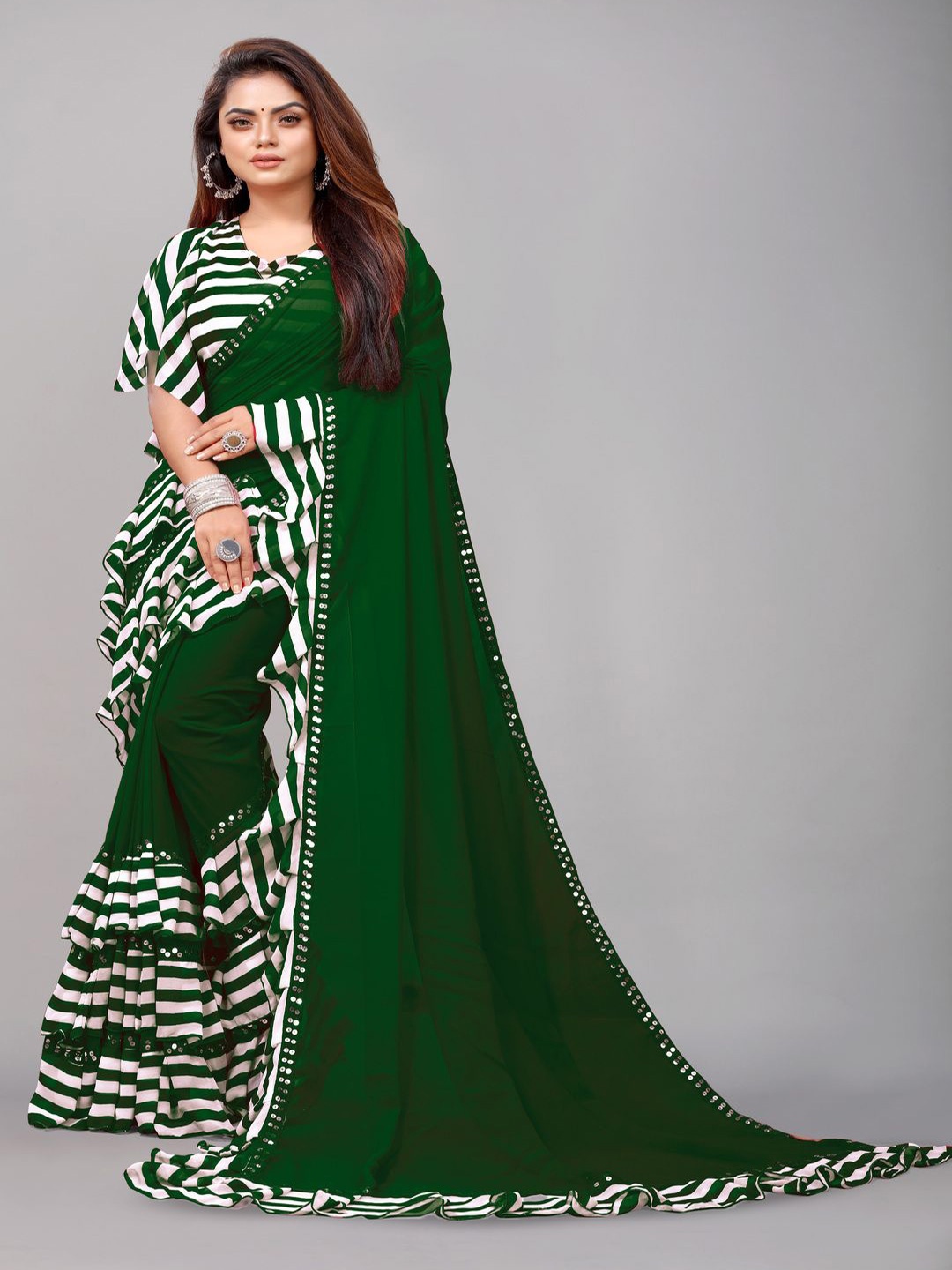 

Rashiklal and Co. Leheriya Mirror Work Pure Georgette Leheriya Saree, Green