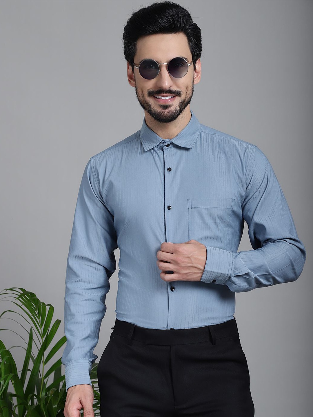 

Indian Needle Men Classic Solid Striped Formal Shirt, Grey