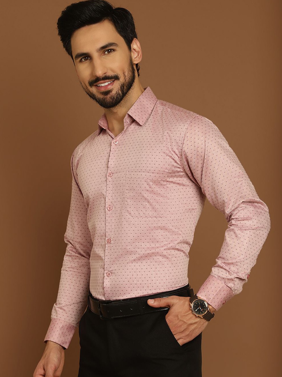 

Indian Needle Men Classic Micro Ditsy Printed Formal Shirt, Coral