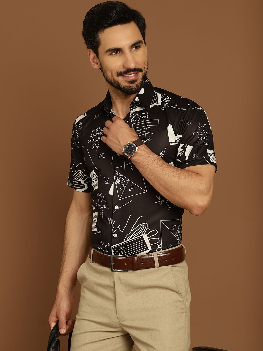 

Indian Needle Men Classic Geometric Printed Formal Shirt, Black