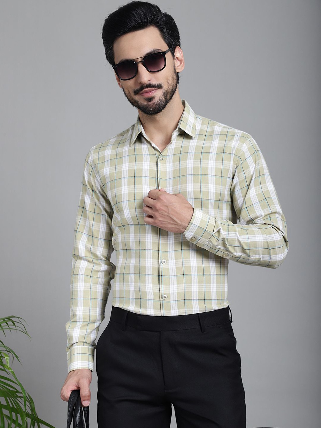 

Indian Needle Men Classic Tartan Checked Formal Pure Cotton Shirt, Beige