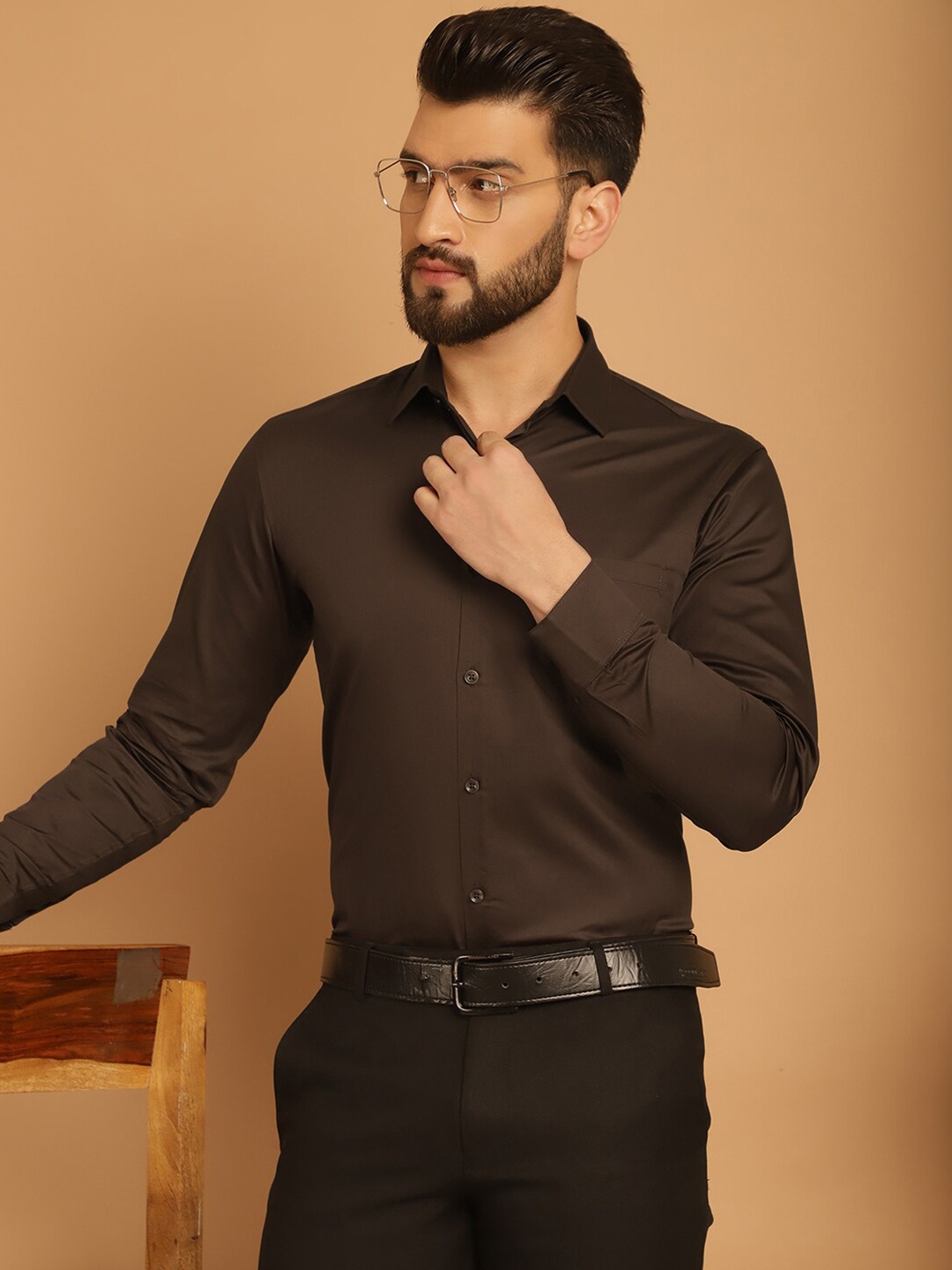 

Indian Needle Men Classic Solid Formal Shirt, Coffee brown
