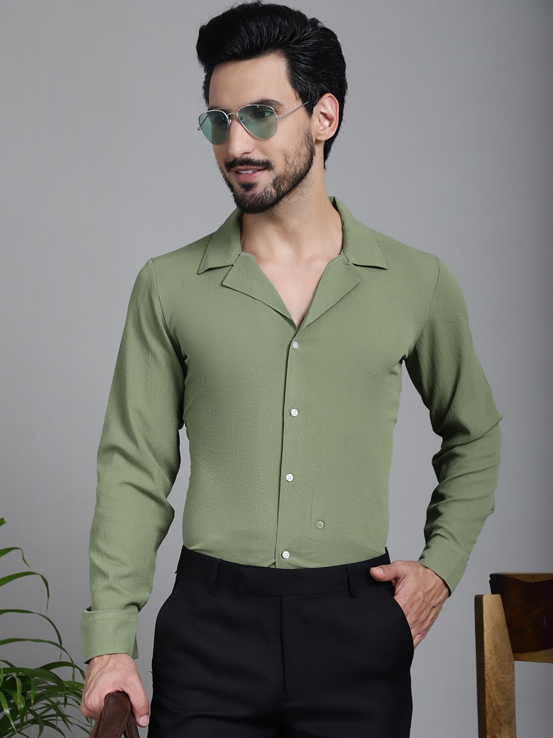 

Indian Needle Men Classic Solid Spread Collar Formal Shirt, Olive