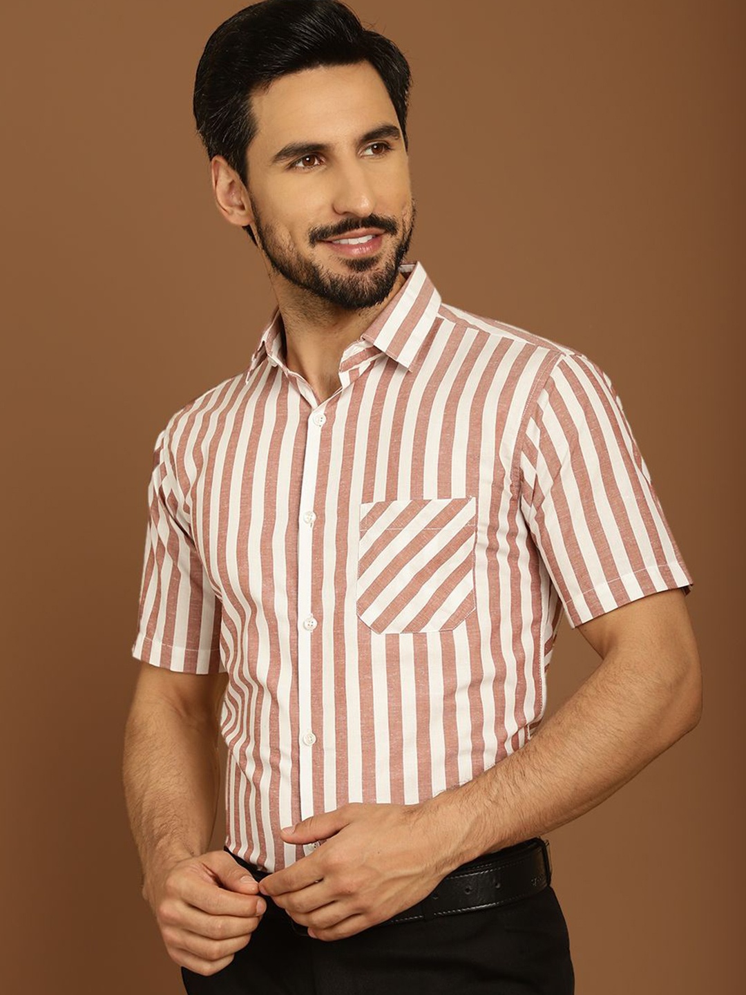 

Indian Needle Men Classic Striped Spread Collar Formal Shirt, Beige