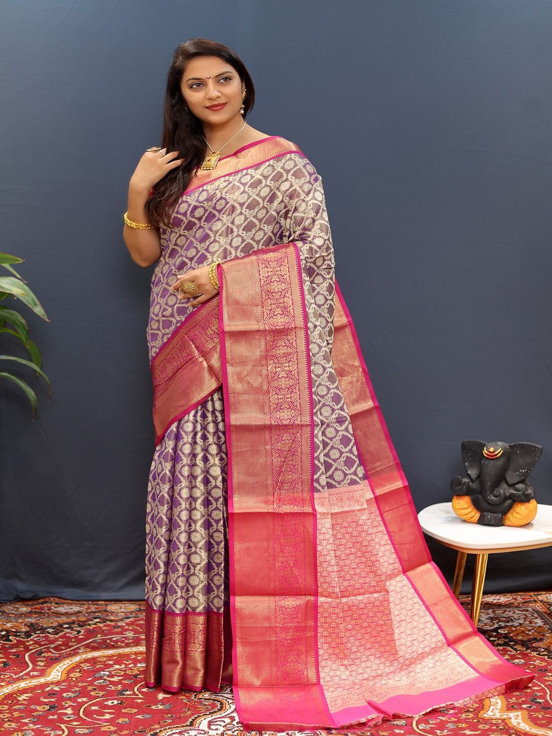 

SGF11 Zari Ethnic Motif Kanjeevaram Saree, Purple