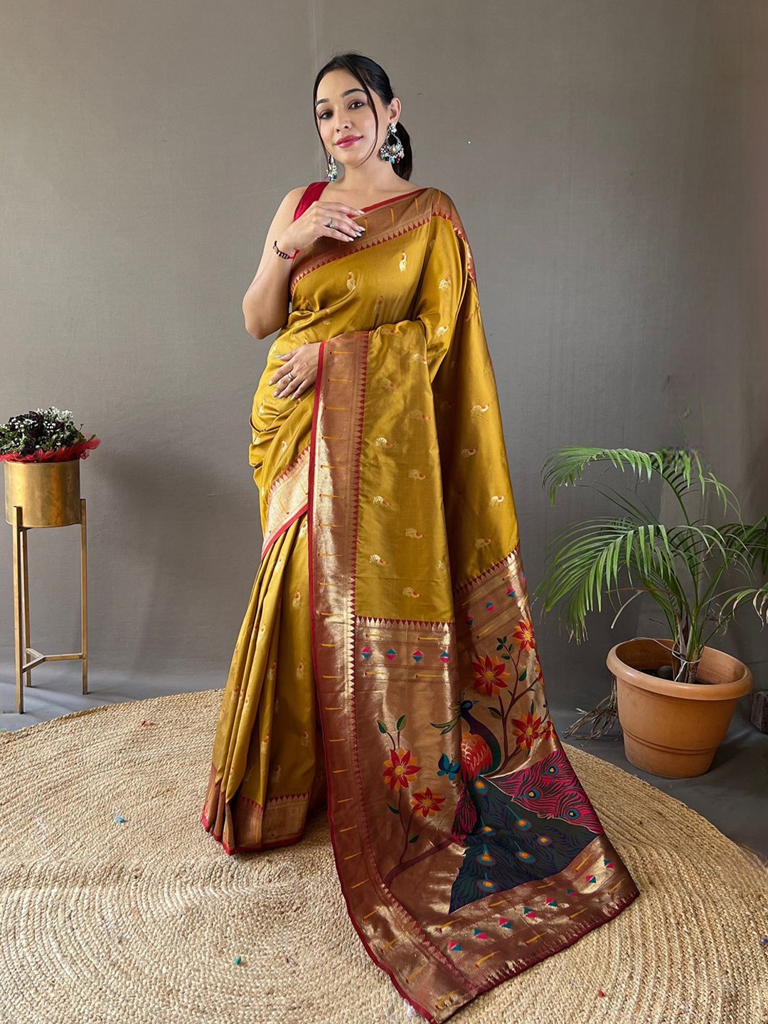 

SGF11 Ethnic Motifs Woven Design Zari Kanjeevaram Saree, Mustard