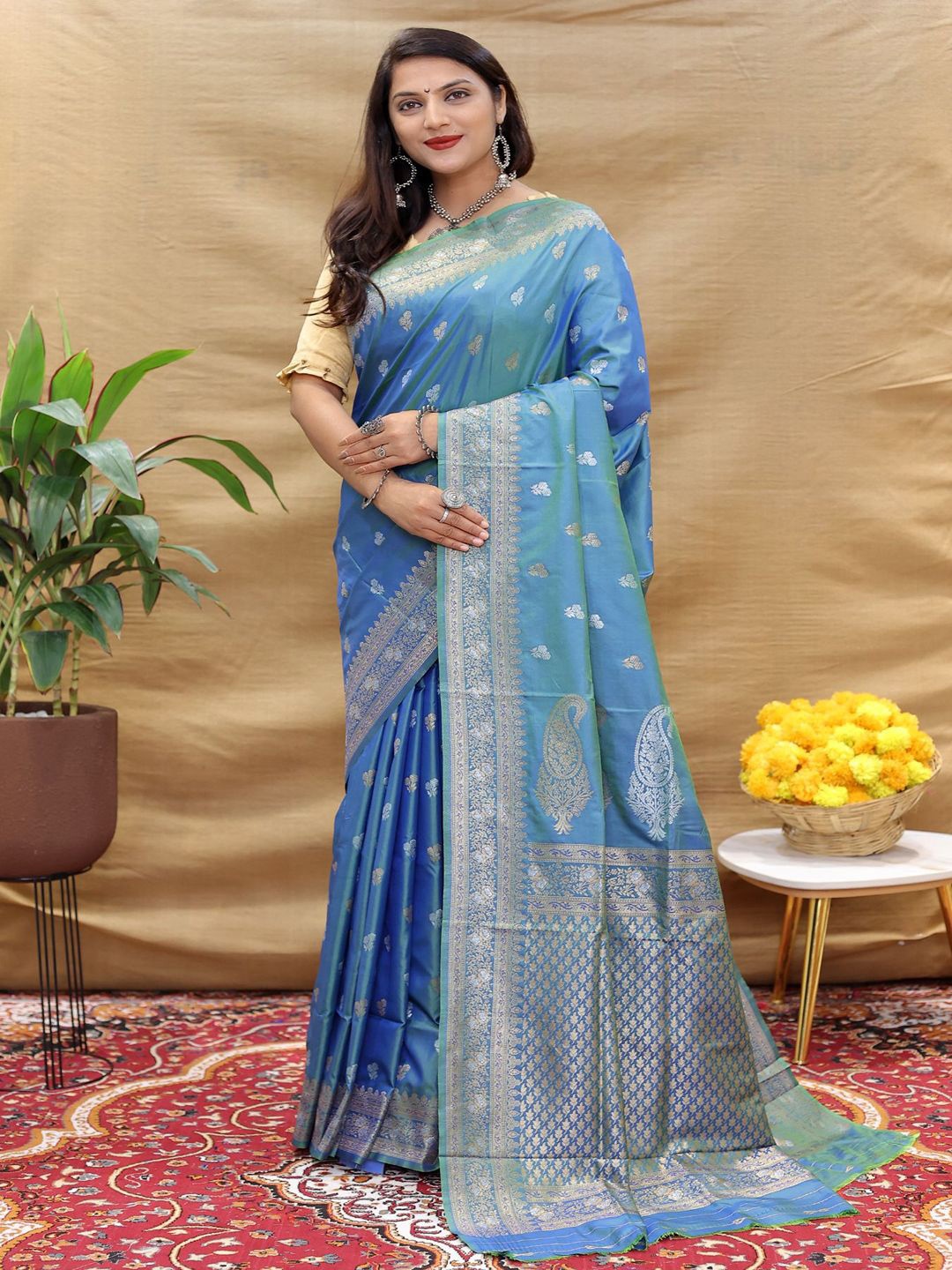 

SGF11 Ethnic Motifs Zari Kanjeevaram Saree, Teal