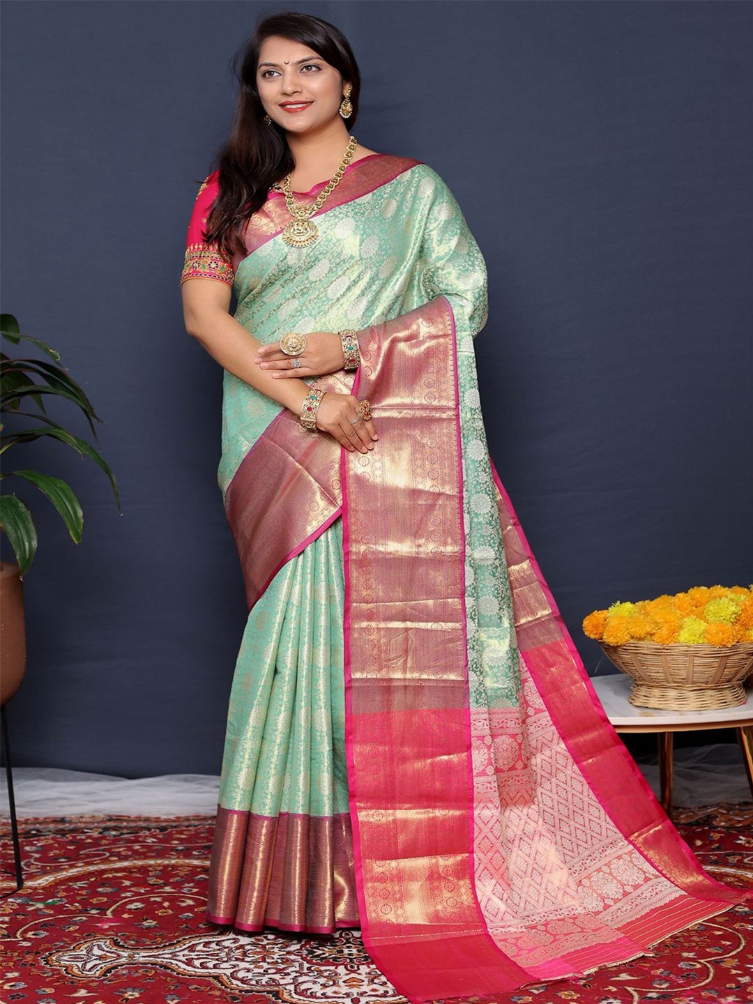 

SGF11 Ethnic Motifs Zari Kanjeevaram Saree, Sea green