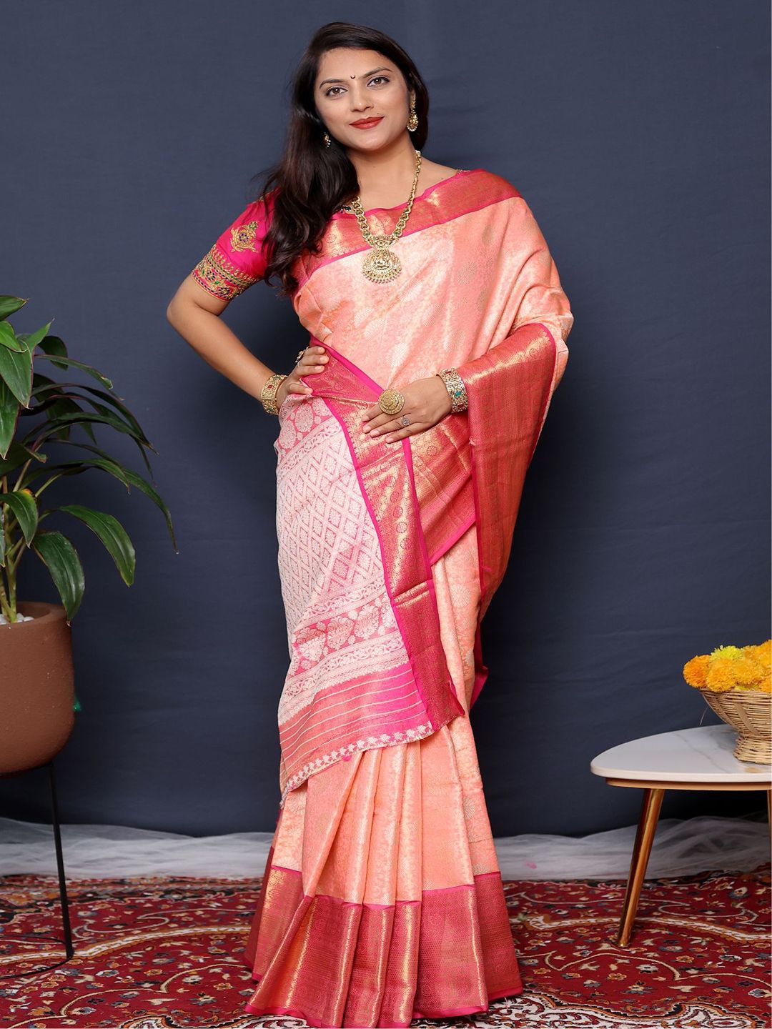 

SGF11 Woven Design Zari Kanjeevaram Saree, Peach