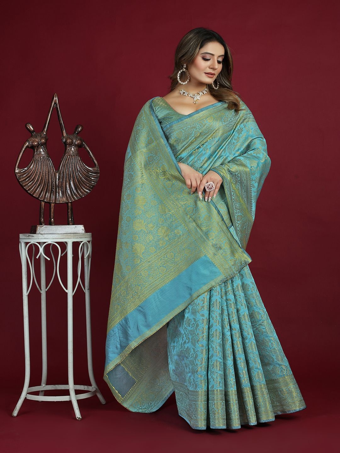 

SGF11 Ethnic Motifs Zari Kanjeevaram Saree, Sea green