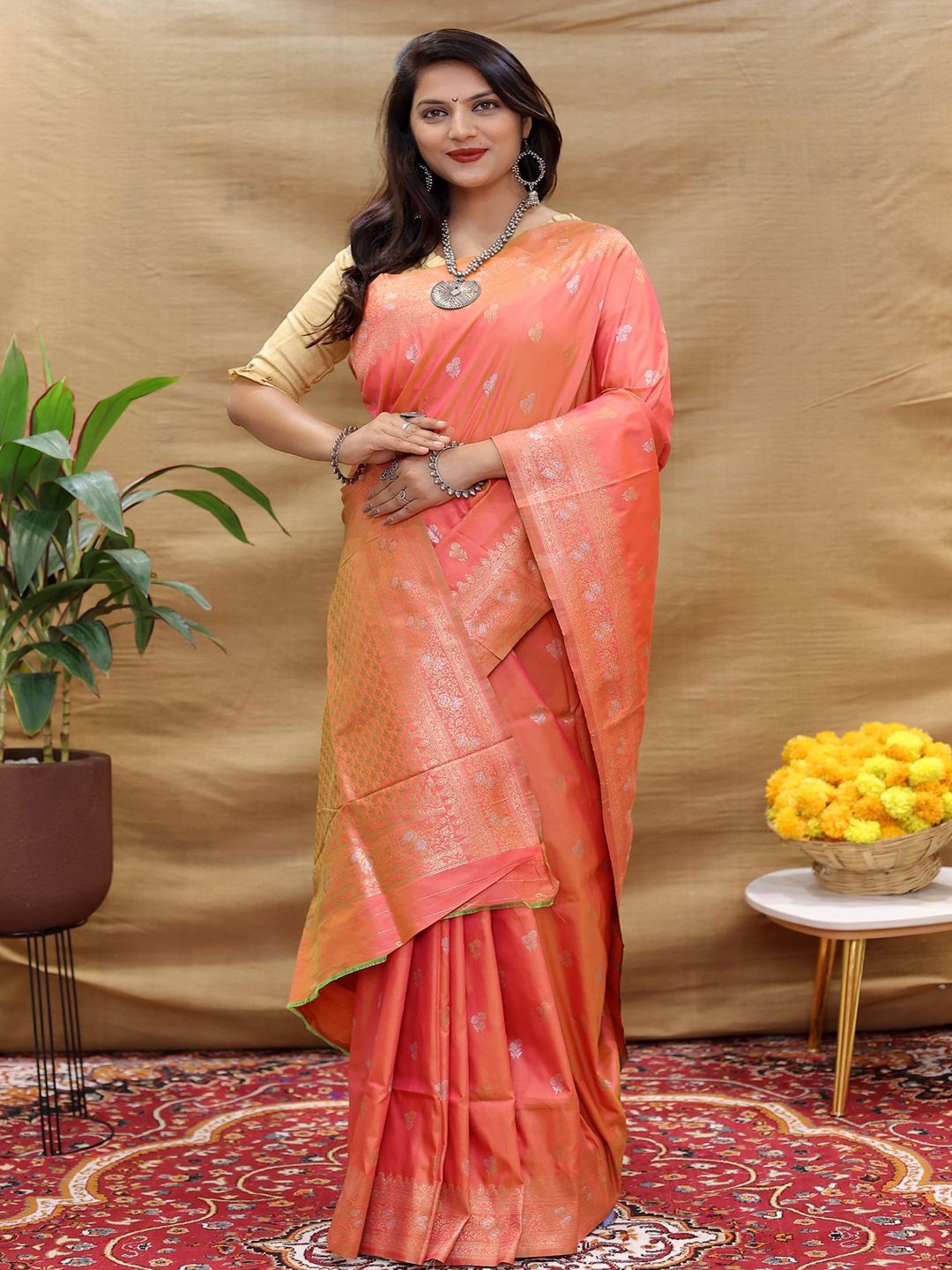 

SGF11 Ethnic Motifs Zari Kanjeevaram Saree, Peach