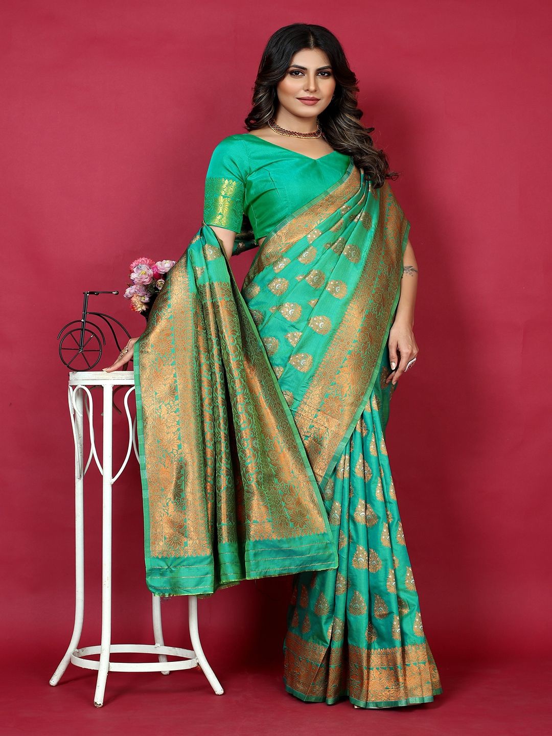 

SGF11 Ethnic Motifs Zari Kanjeevaram Saree, Sea green