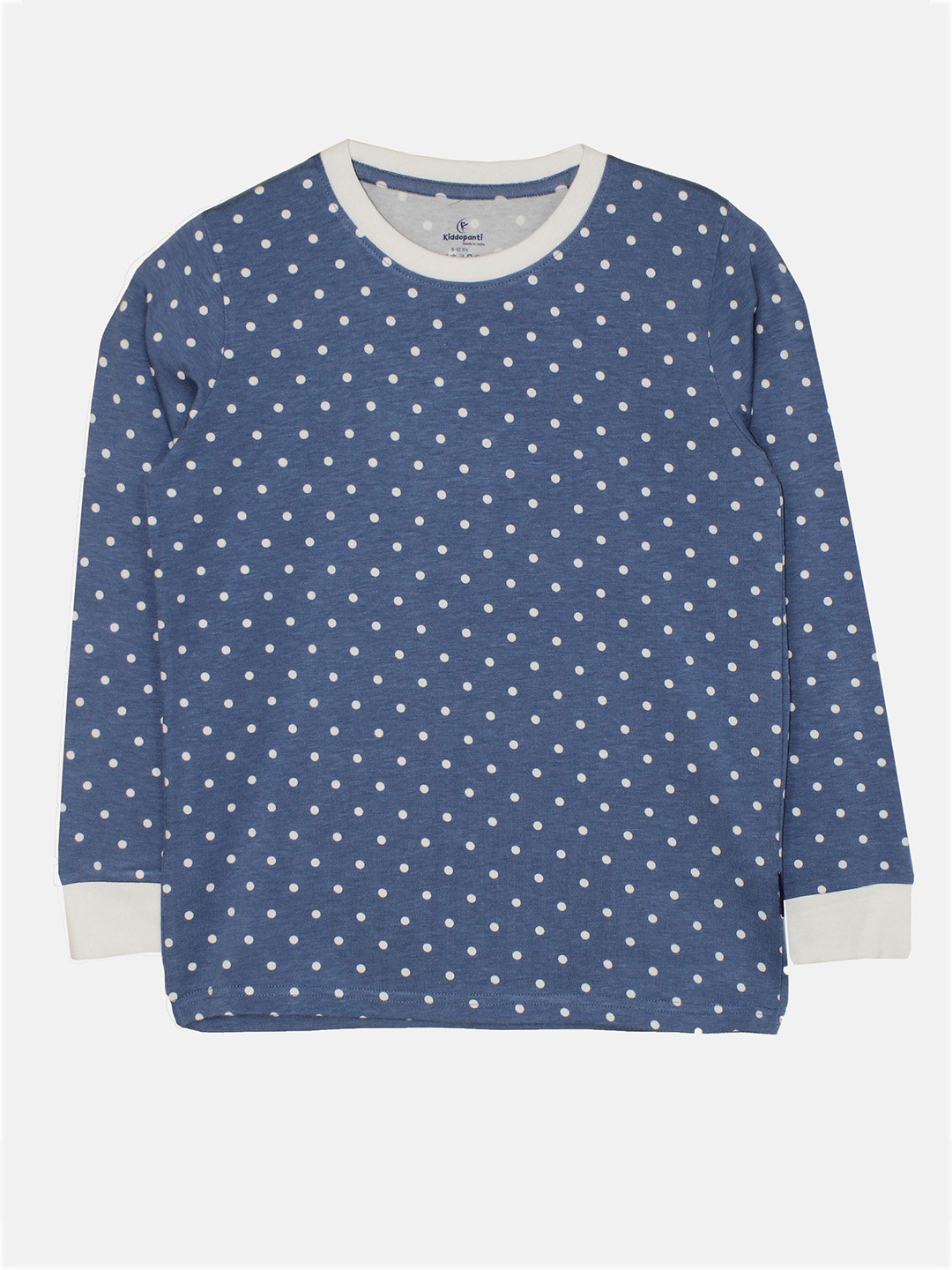 

KiddoPanti Girls Round Neck Polka Dots Printed Pure Cotton T-shirt, Navy blue