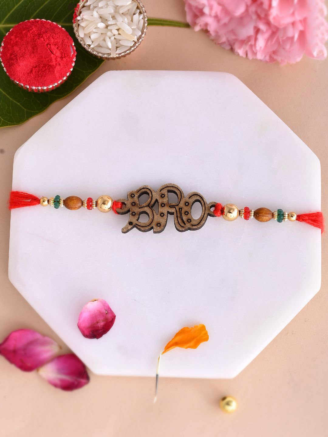 

Aapno Rajasthan Beaded BRO Rakhi With Roli Chawal & Greetings Card, Red