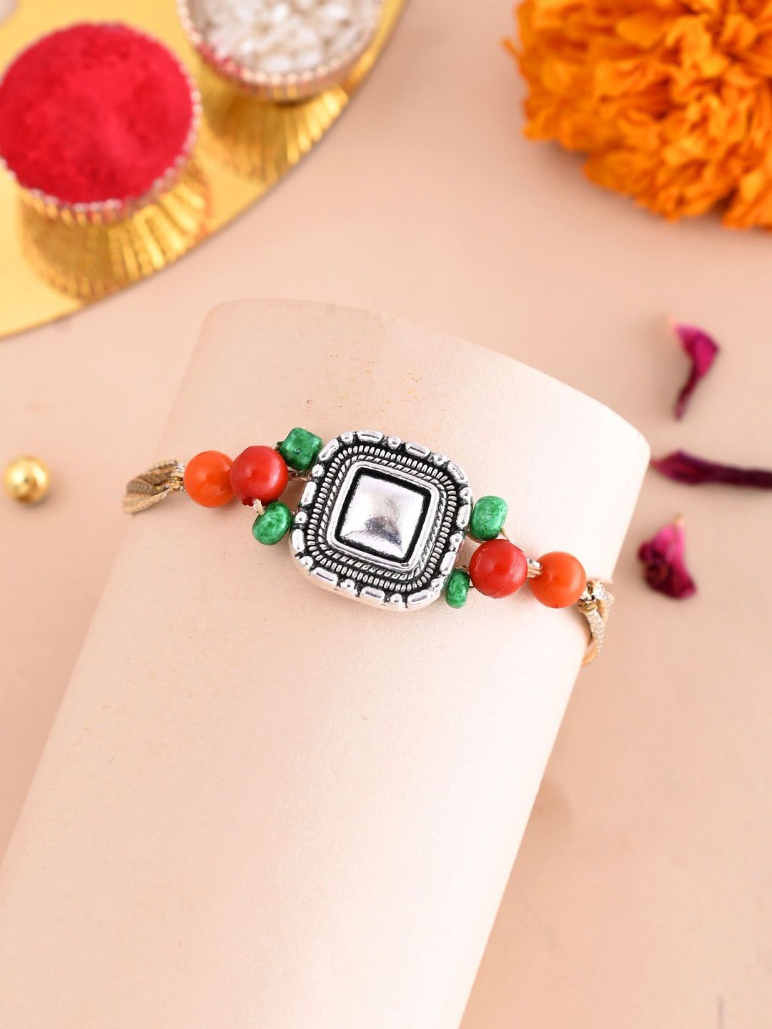 

Aapno Rajasthan Beaded Rakhi With Roli Chawal & Greetings Card, Silver