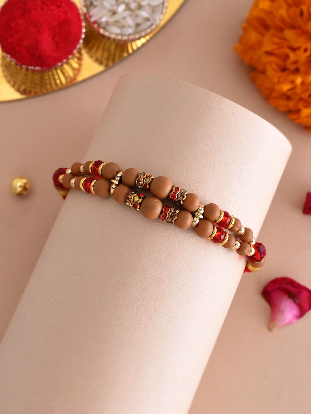 

Aapno Rajasthan Beaded Rakhi With Roli Chawal & Greetings Card, Red