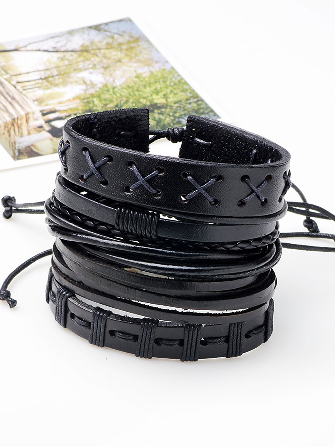 

Young & Forever Unisex Set Of 5 Leather Multistrand Bracelets, Black
